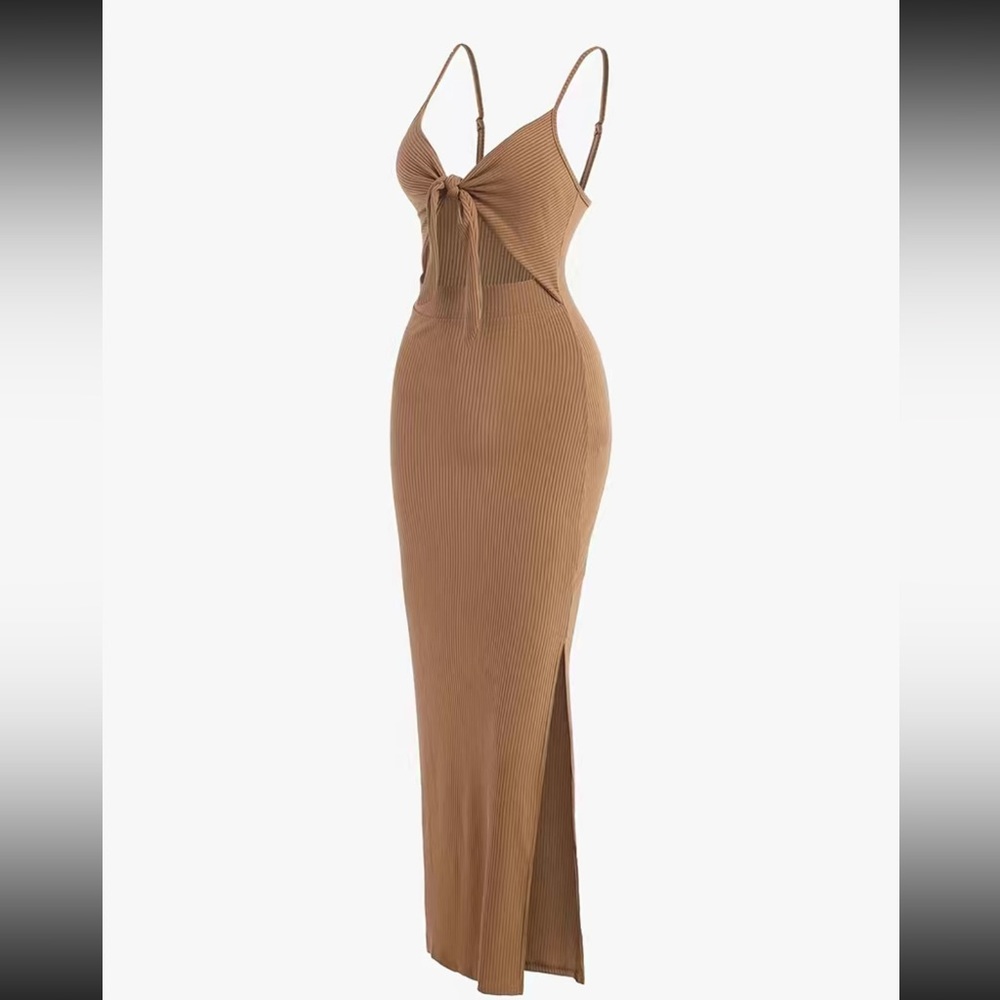 Beige Ribbed Knot Cutout Side Split Maxi Dress